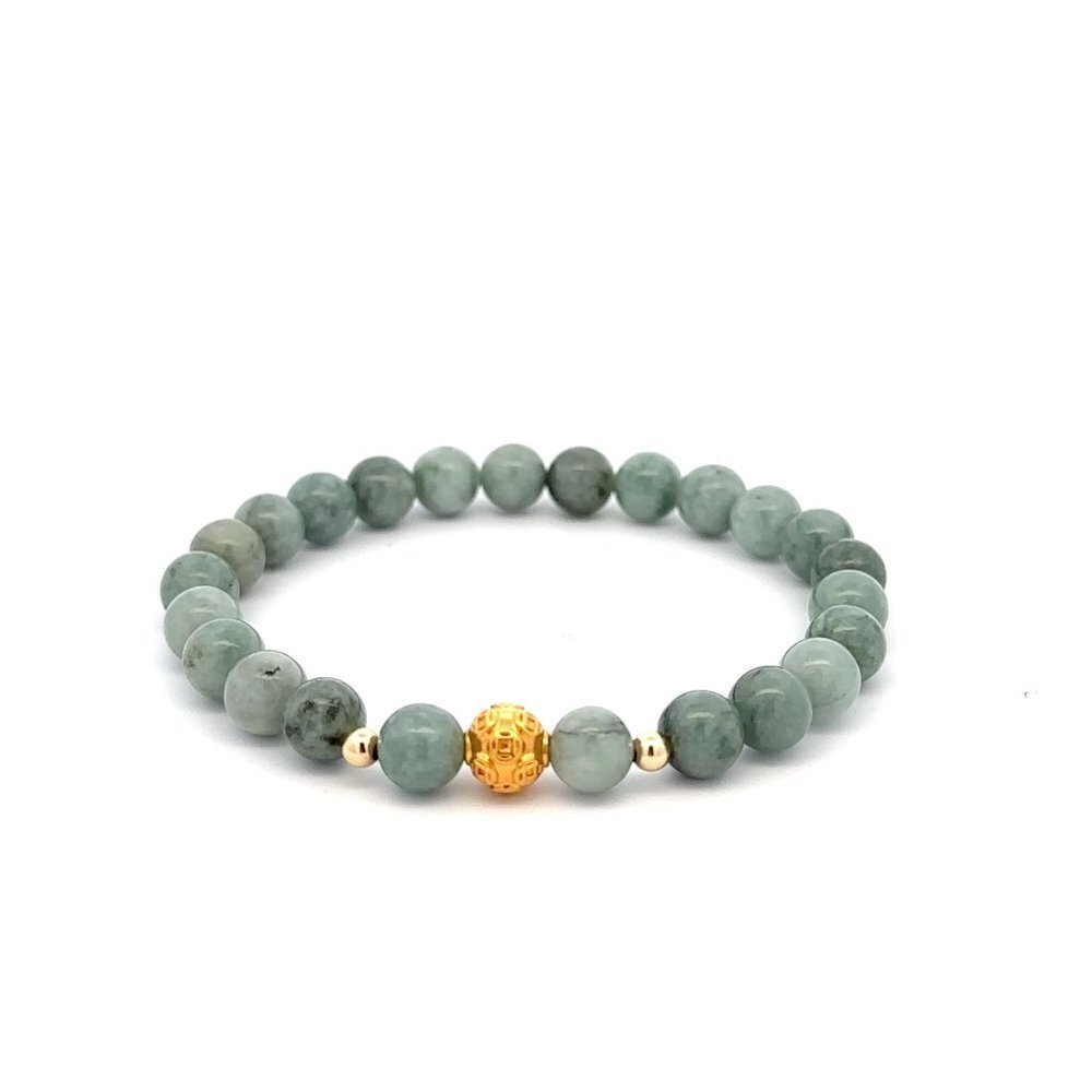 18K Gold Money Ball Lucky Charm Beads Bracelet Gemstone Natural Burmese Jade 6mm